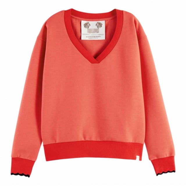 Maison Scotch - V-Neck Sweat With Scalloped Ribs - Red